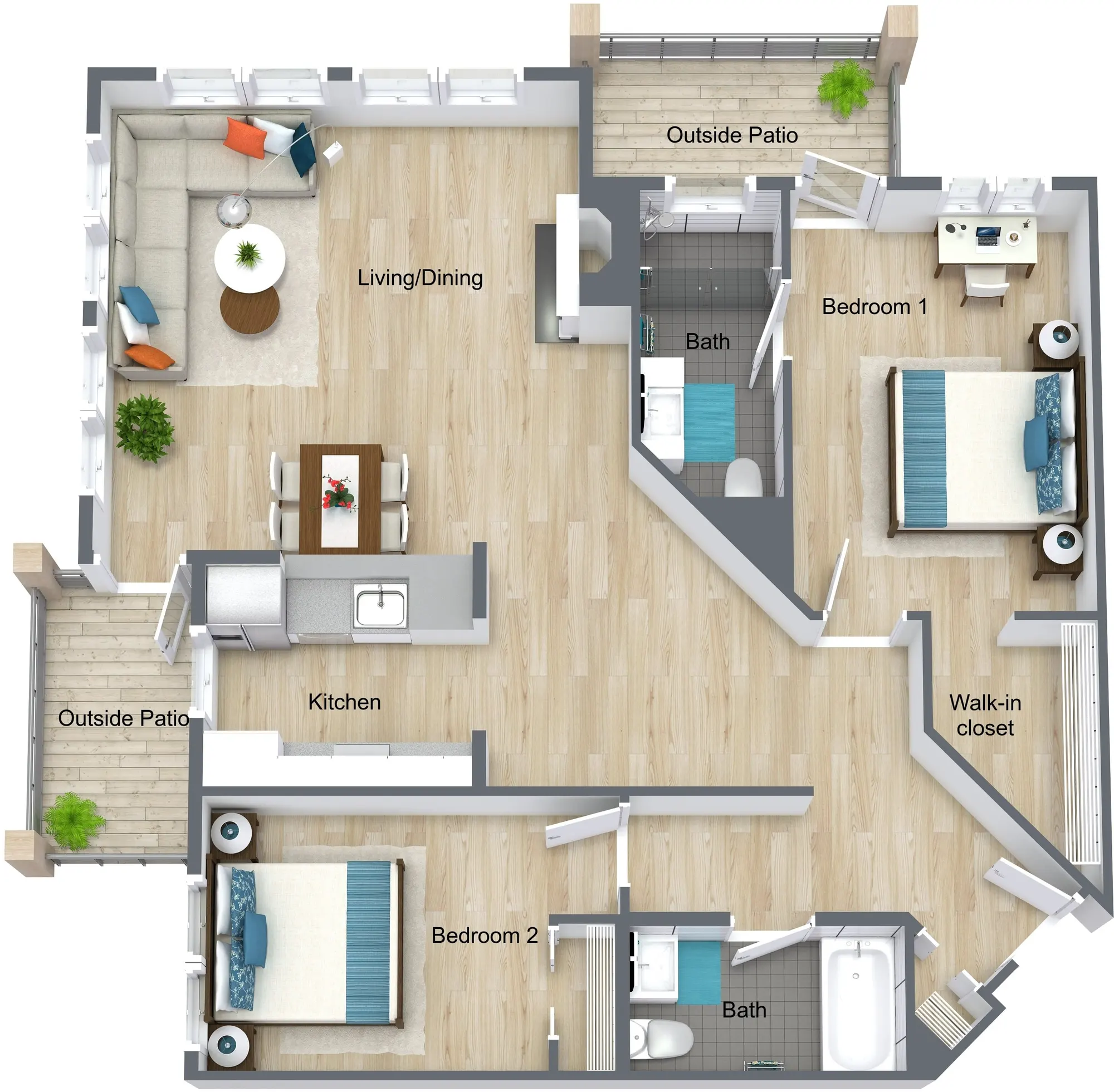 Pioneer Village Basic - IL 2 Bed 2 Bath Dlx 4170 - 3D Floor Plan