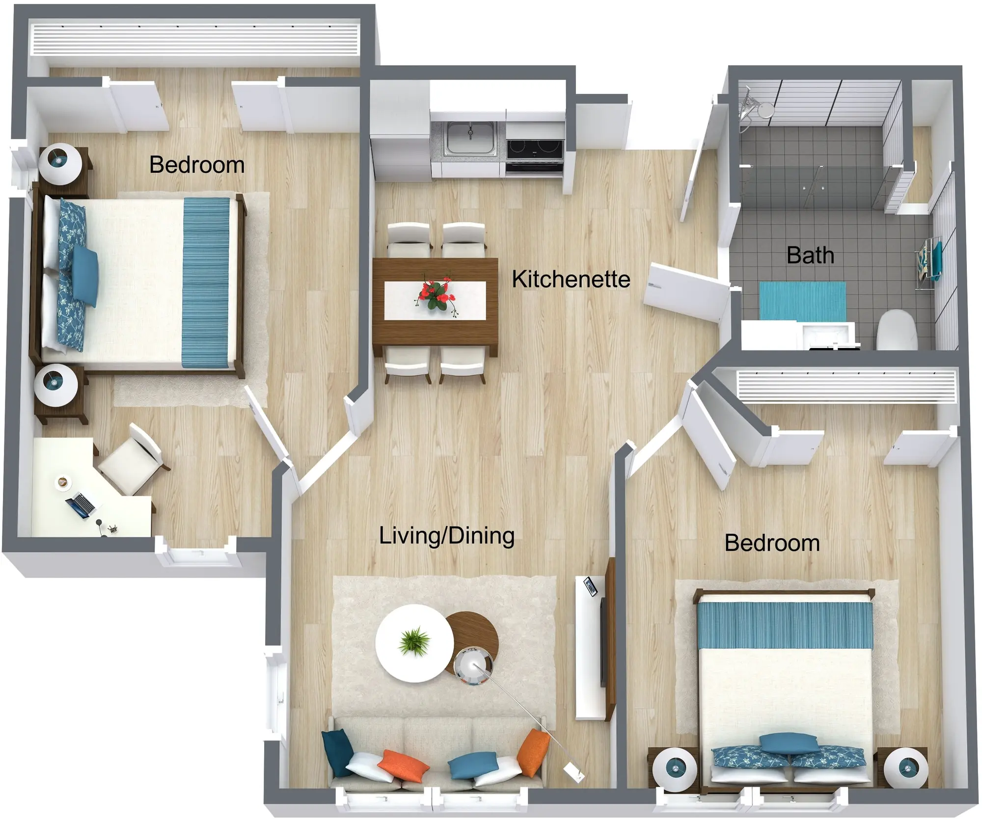 Pioneer Village Basic - PV AL 2 Bed 1 Bath - 4525 3D Floor Plan