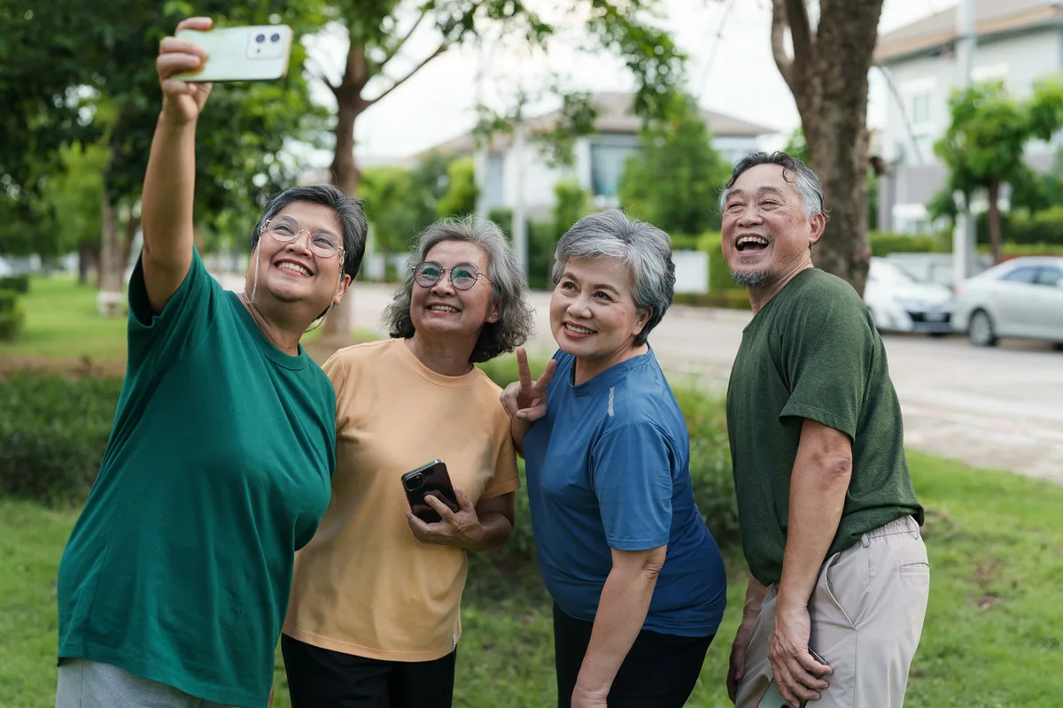 Social Programs for Seniors – Pioneer Village Senior Living, Jacksonville, OR Older adults take a cheerful selfie in a park, showing social programs for seniors at Pioneer Village Senior Living in Jacksonville, Oregon.